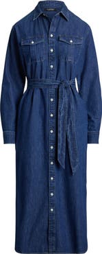 Lauren Ralph Lauren Long Sleeve Belted Cotton Denim Midi Shirtdress