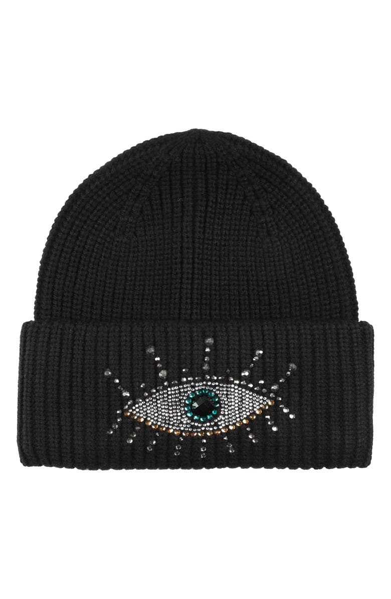 Kurt Geiger London Beaded Evil Eye Beanie, Main, color, Black