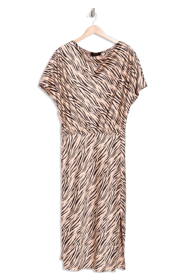 Zebra Print Short Sleeve Satin Midi Dress, Alternate, color, TAUPE