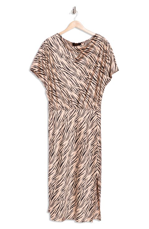Zebra Print Short Sleeve Satin Midi Dress (Plus)