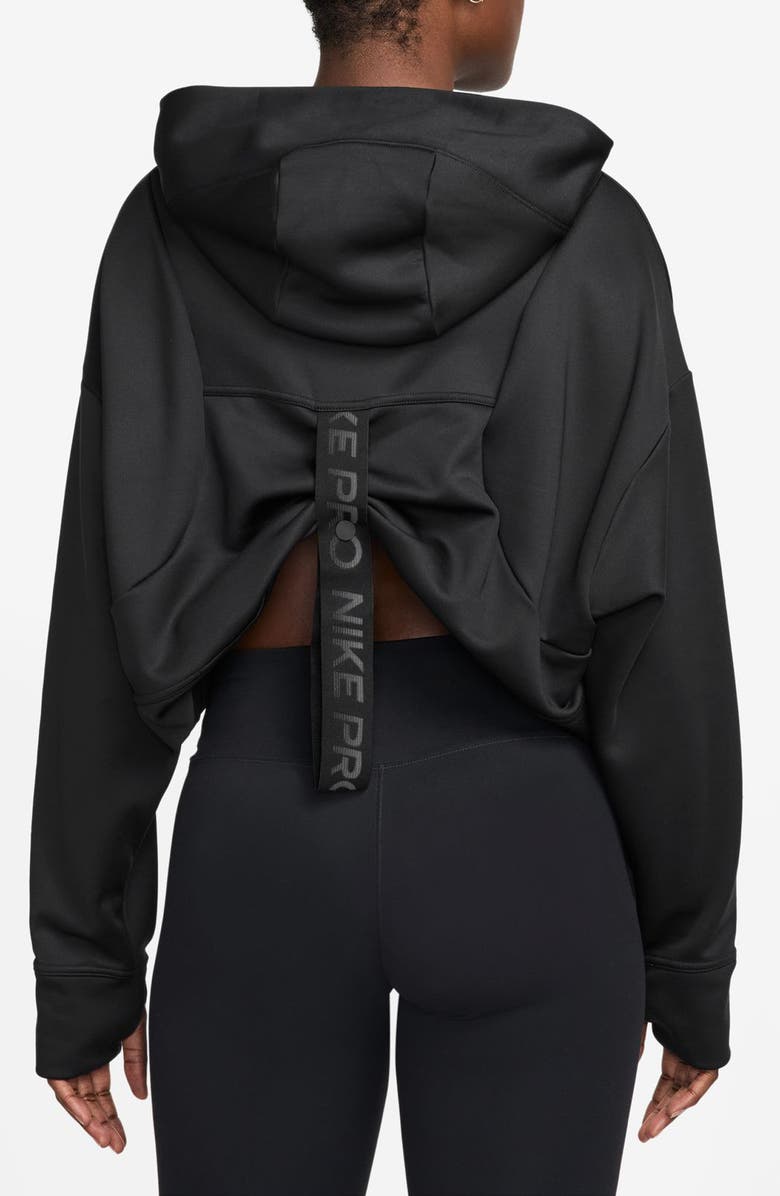 Nike Pro Therma-FIT Crop Fleece Hoodie, Alternate, color, Black/White