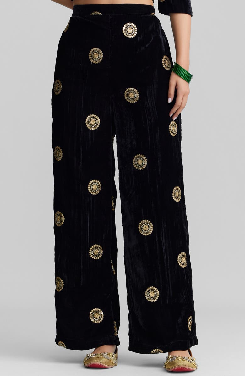 holiCHIC Nala Embroidered Velvet Straight Leg Pants, Main, color, Black
