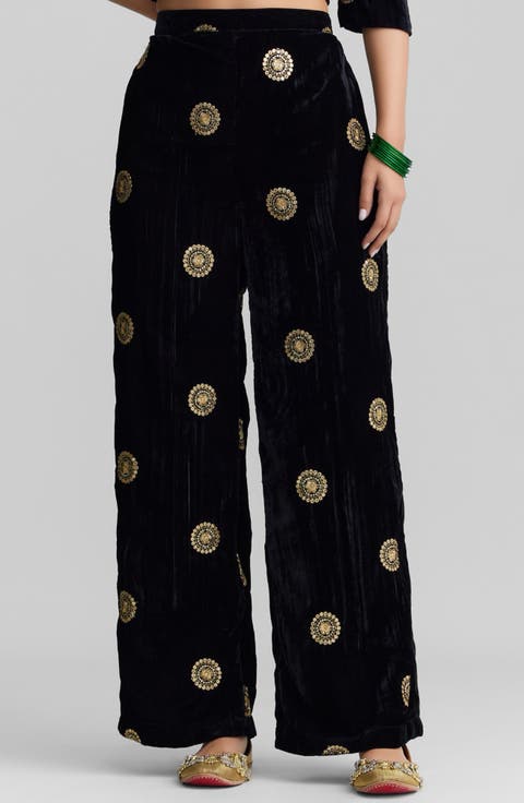 Nala Embroidered Velvet Straight Leg Pants