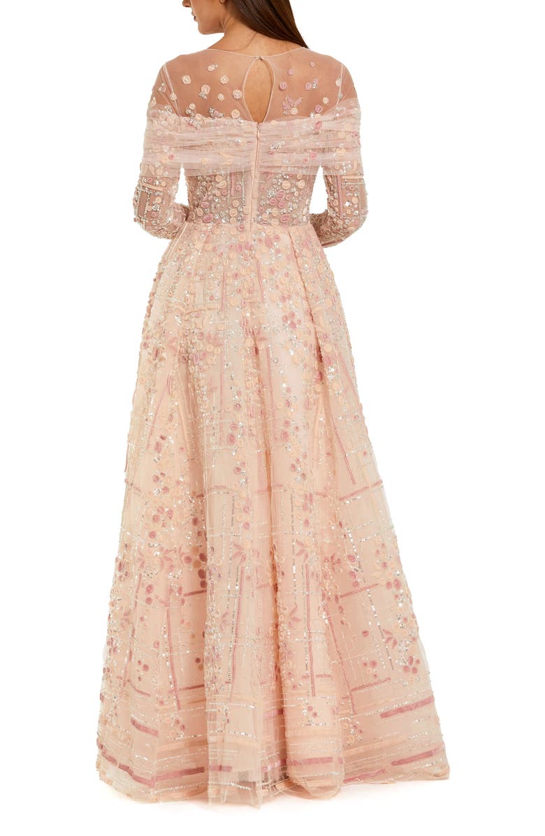 Mac Duggal Illusion Neck Long Sleeve Embroidered Ballgown, Alternate, color, Rose