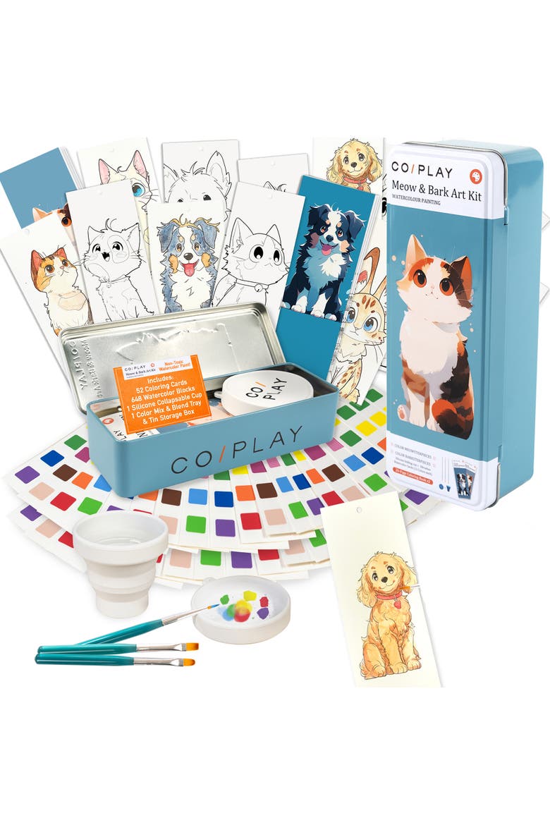 Watercolor Painting Art Kit Meow & Bark Tin Box, Kids 6+, Main, color, Multicolored