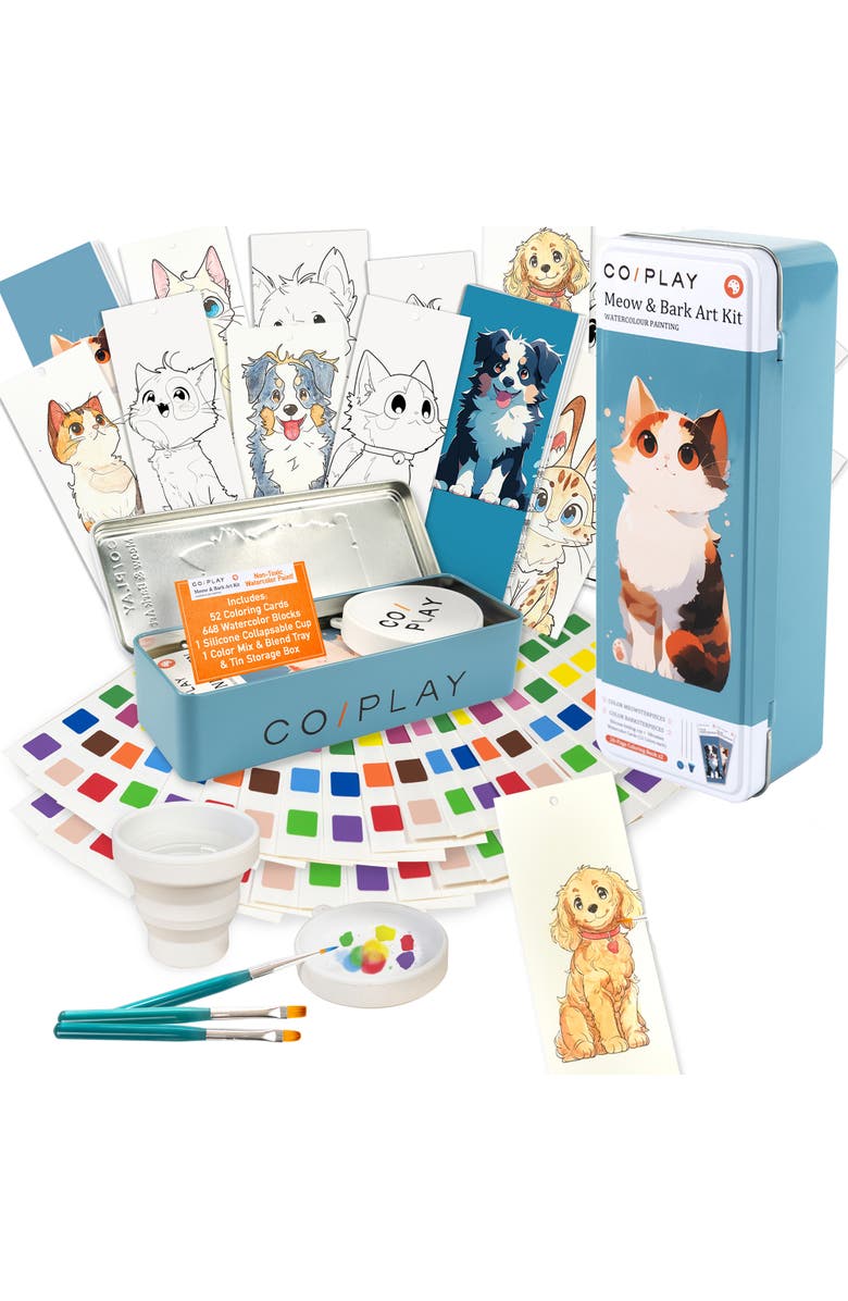 COIPLAY Watercolor Painting Art Kit Meow & Bark Tin Box, Kids 6+, Main, color, Multicolored