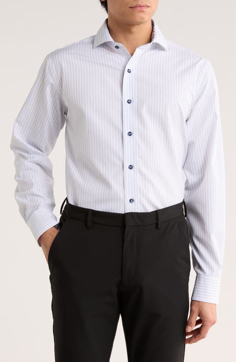 Trim Fit Textured Vertical Stripe Cotton Button-Up Shirt