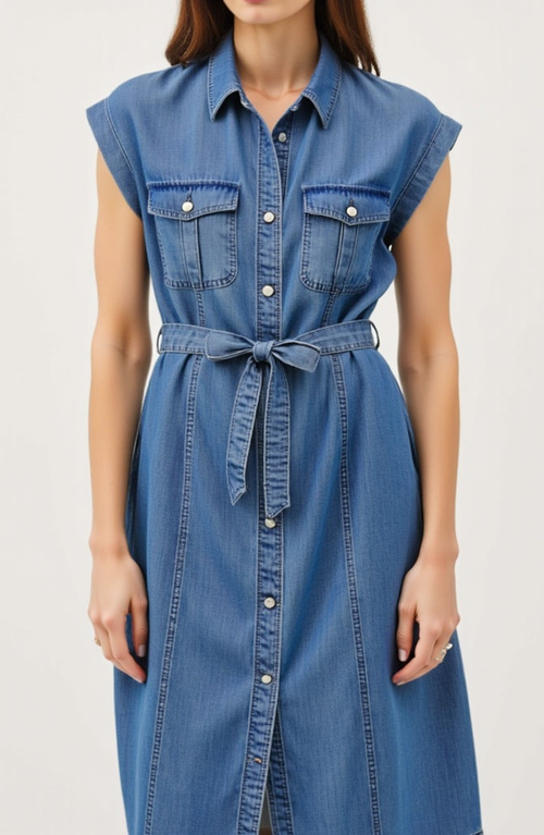 Modenaire Sleeveless Denim Midi Shirt Dress With Button Front And Tie Waist In Blue