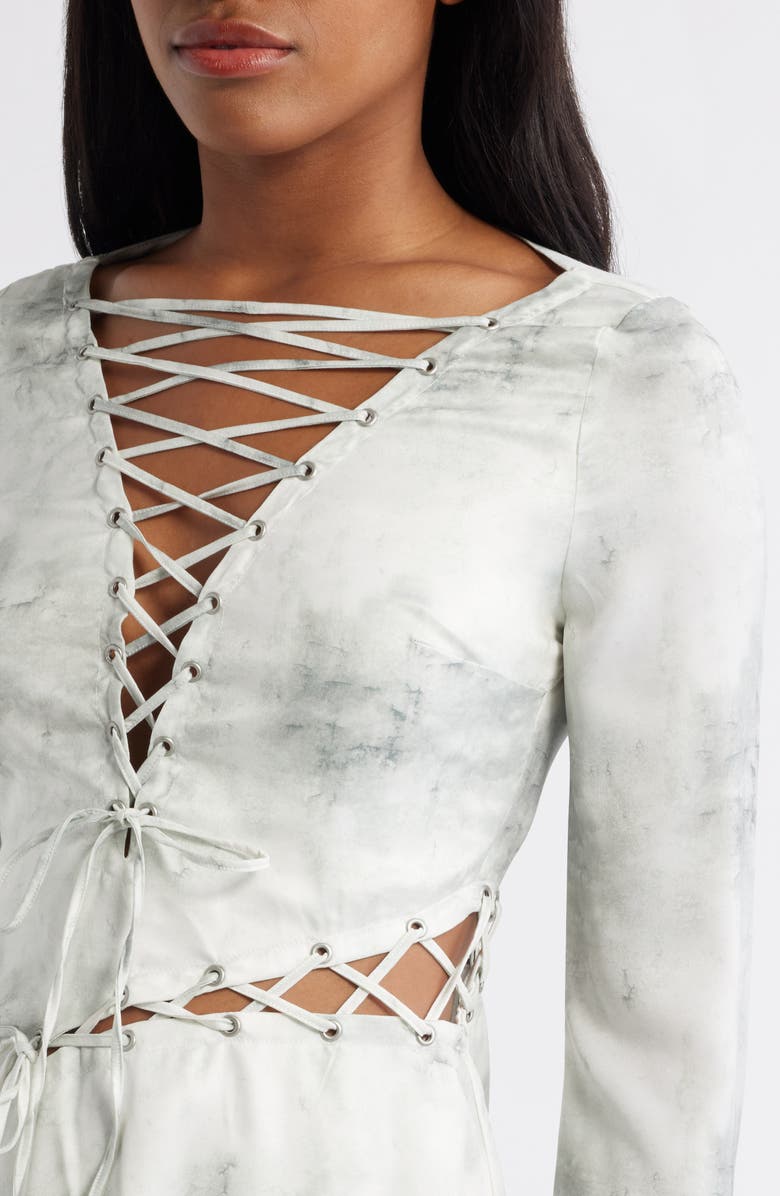 Mistress Rocks Lace Up Long Sleeve Satin Minidress, Alternate, color, Marble