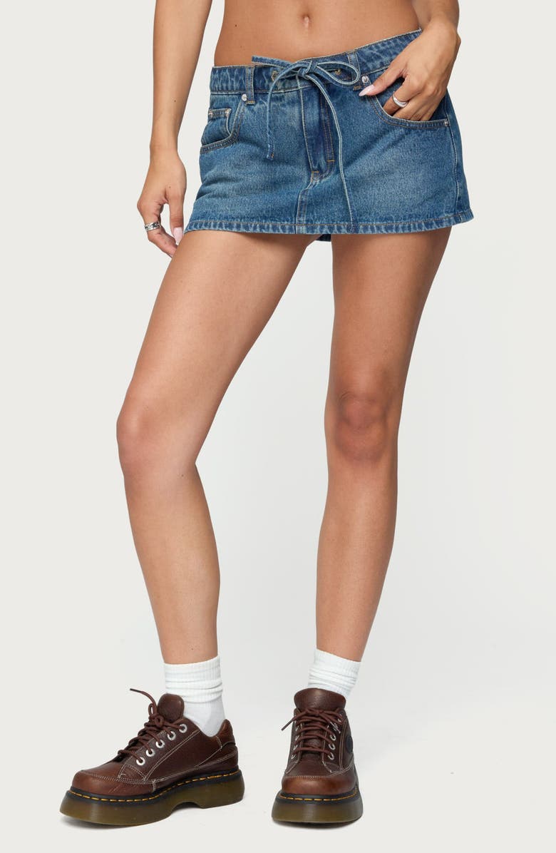 EDIKTED Ziggie Tie Front Denim Miniskirt, Main, color, Dark-Blue