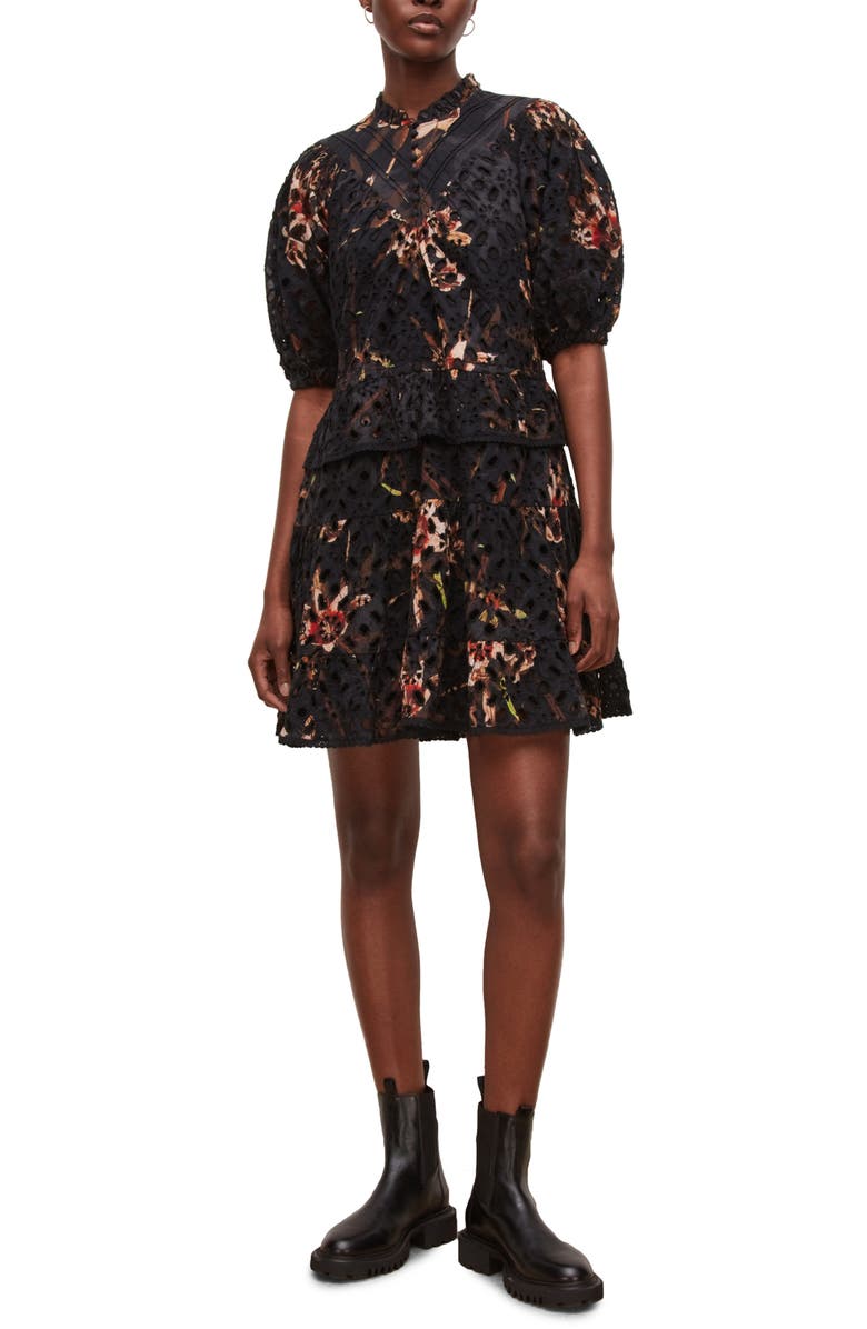 AllSaints Tila Kuroyuri Eyelet Embroidery Floral Print Cotton Minidress, Main, color, 