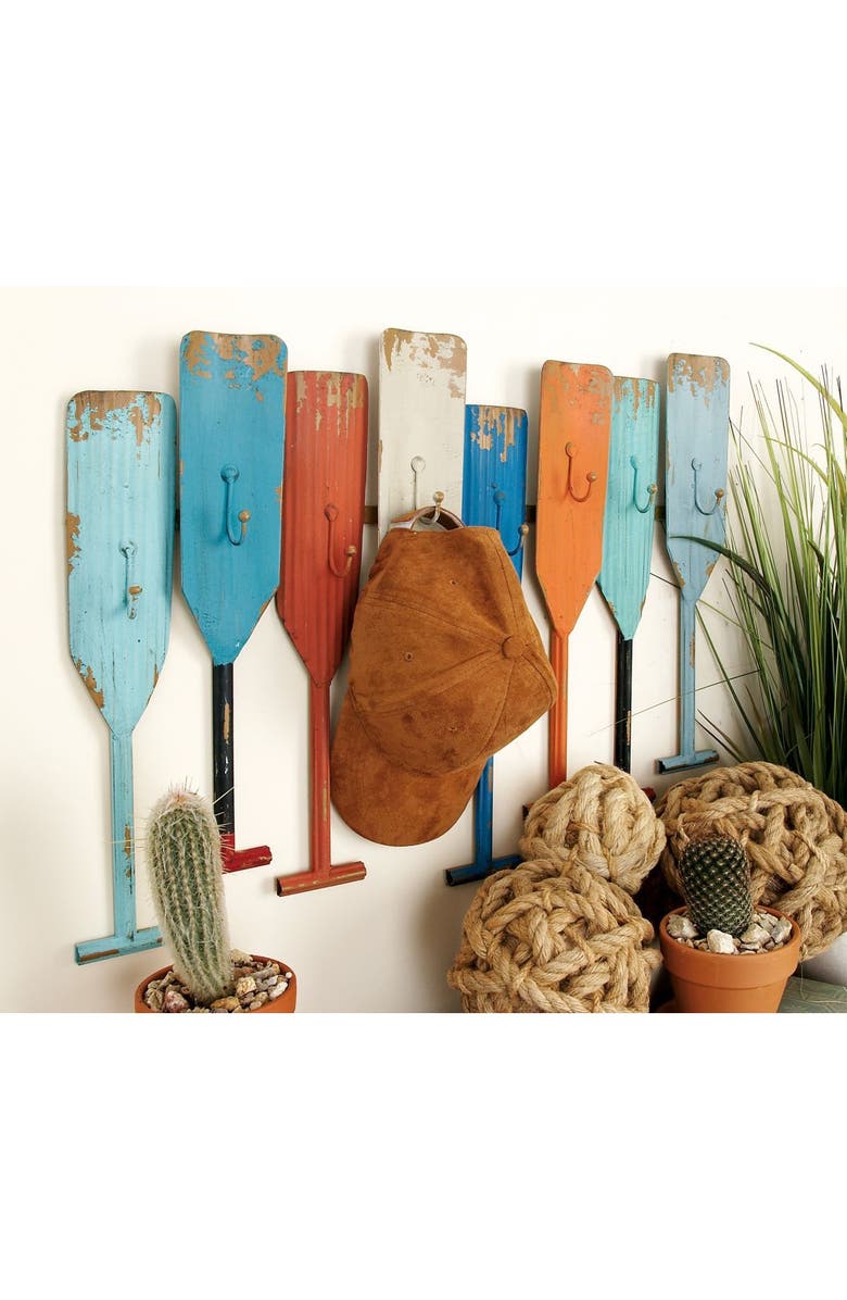WILLOW ROW Multi Colored Metal Indoor/Outdoor Distressed Oar Shaped 8 Hanger Paddle Wall Hook, Alternate, color,