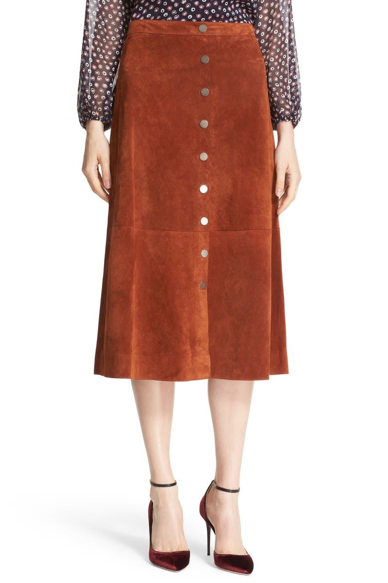 'Gracelynn' Suede Midi Skirt, Main, color, WHISKY BROWN