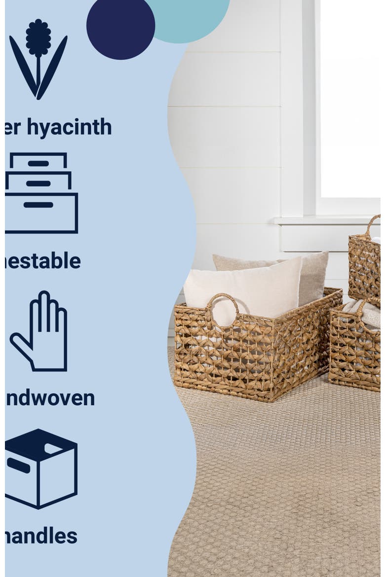 Quinn Bohemian Cottage Woven Hyacinth Rectangular Storage Baskets with Handles,, Alternate, color, Natural