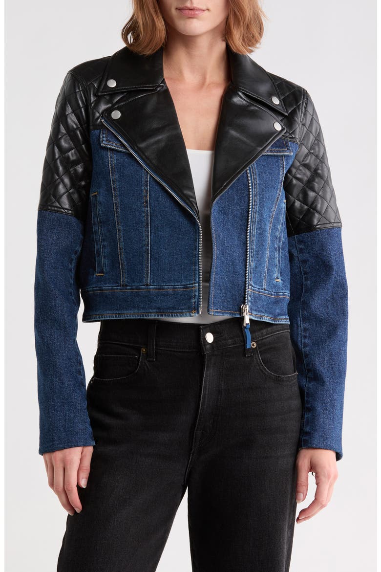 Joan Mixed Media Moto Jacket, Main, color, OCEANE/ BLACK