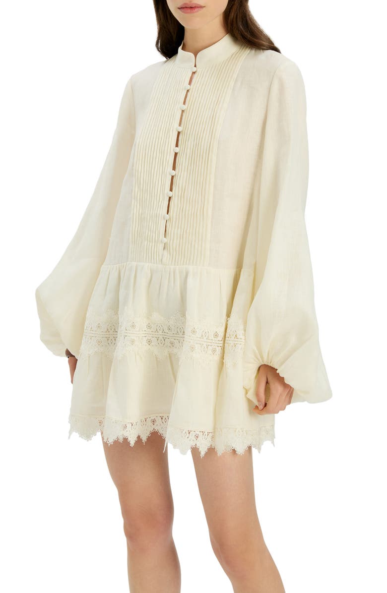 Bardot Antonia Lace Trim Long Sleeve Linen Minidress, Alternate, color, Eggnog