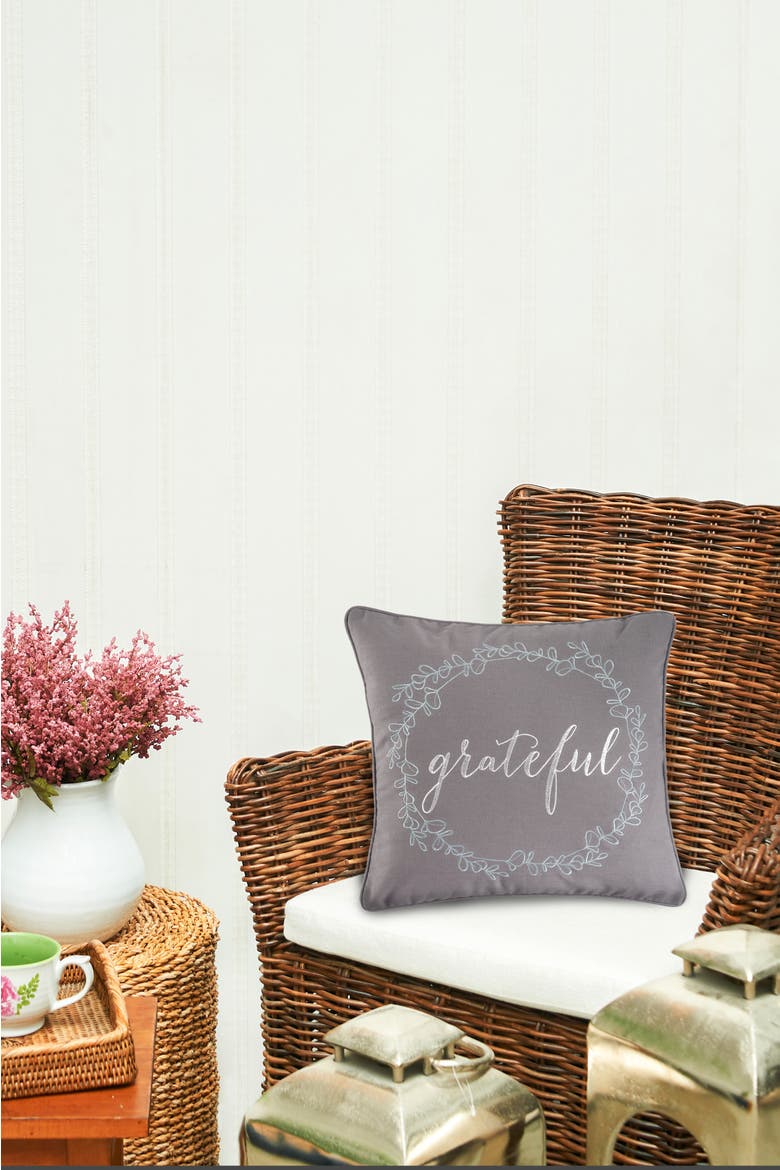 "Grateful" Cursive Wreath Embroidered 100% Cotton Accent Throw Pillow 18" x 18", Alternate, color, Gray