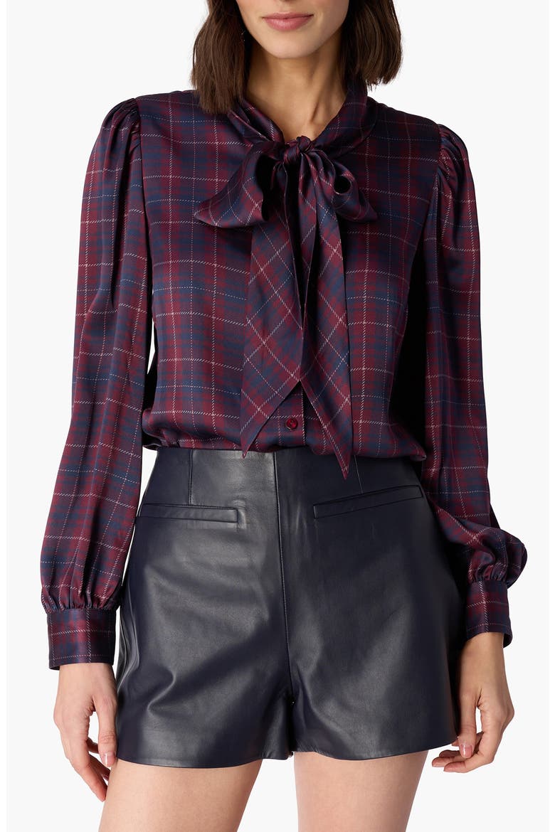 Rema Silk Charmeuse Tie Neck Top, Main, color, PLUM PLAID
