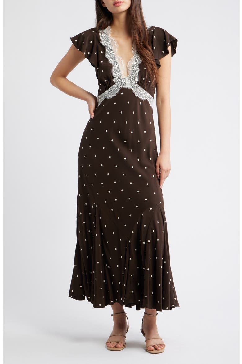 Mattia Lace Trim Polka Dot Maxi Dress, Main, color, COCOA POLKA DOTS