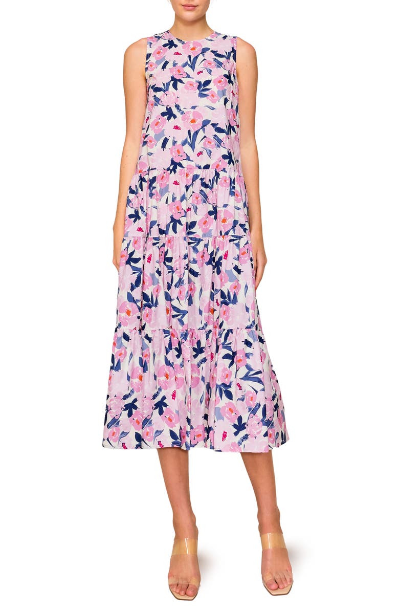 MELLODAY Floral Sleeveless Tiered Poplin Midi Dress, Main, color,