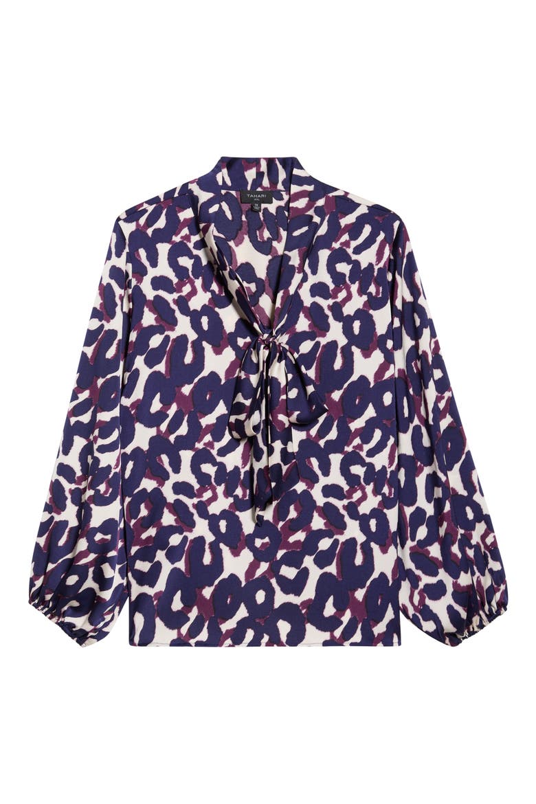 Leopard Print Bow Neck Satin Top, Alternate, color, PLUM LEOPARD
