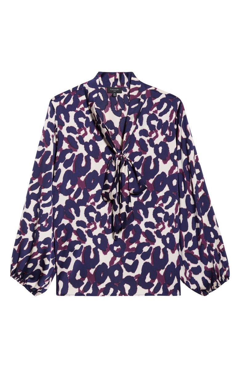 Tahari ASL Leopard Print Bow Neck Satin Top, Alternate, color, Plum Leopard