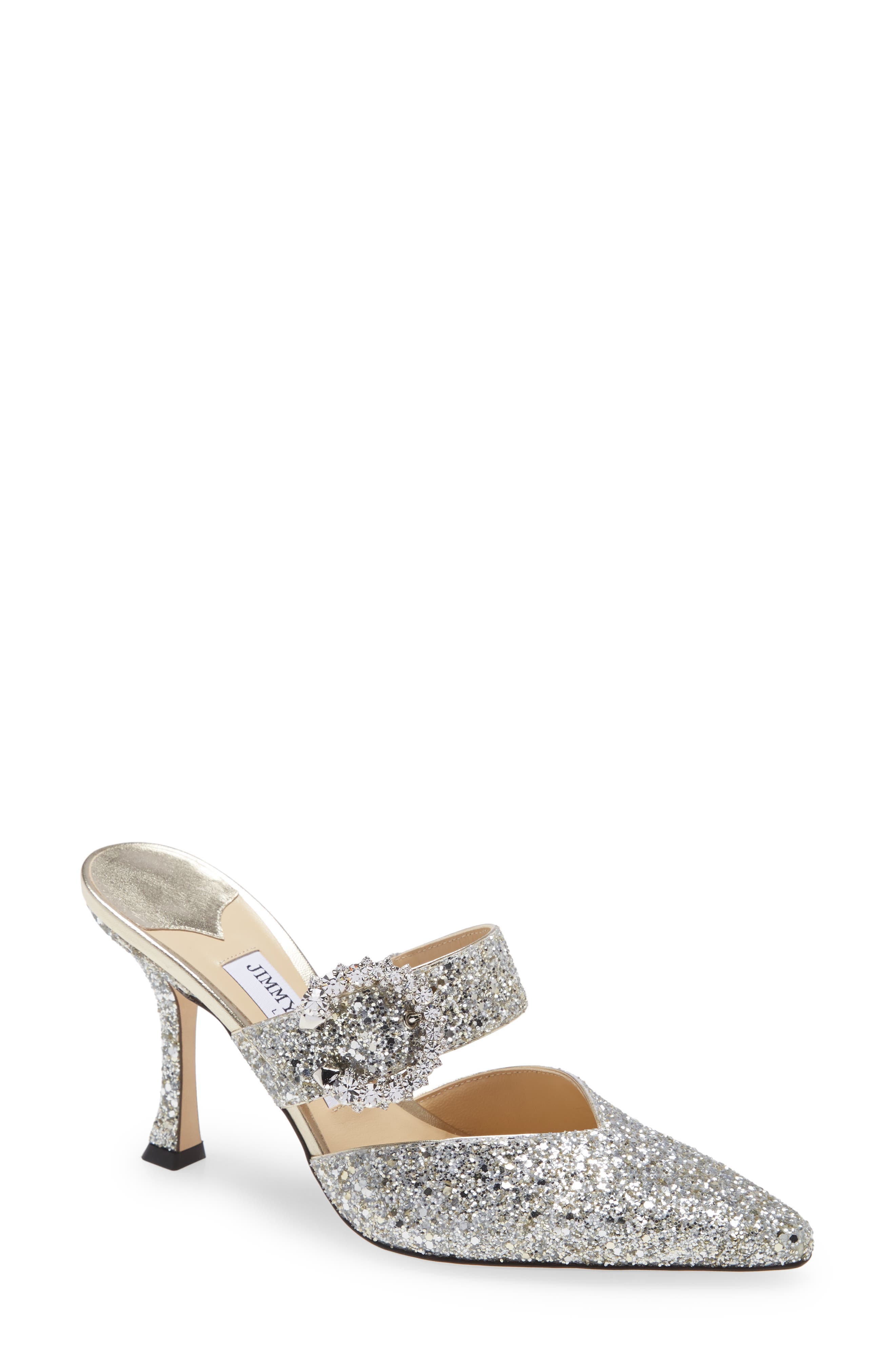 Jimmy Choo Marta Crystal Buckle Glitter Pointed Toe Mule, Main, color, 