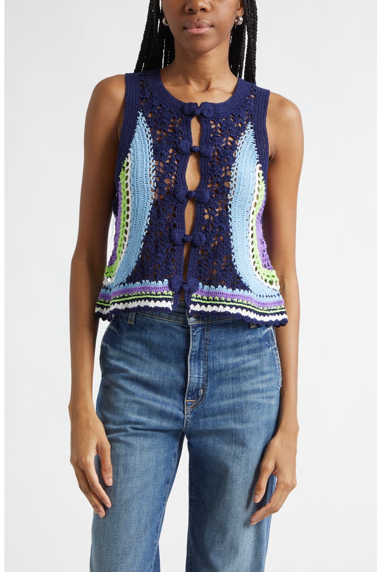 Adriana Crop Cotton Crochet Vest, Main, color, NAVY MULTI COLORBLOCK
