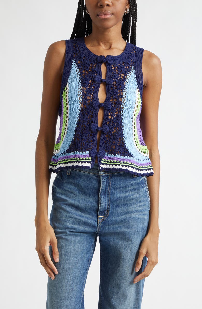Ramy Brook Adriana Crop Cotton Crochet Vest, Main, color, Navy Multi Colorblock