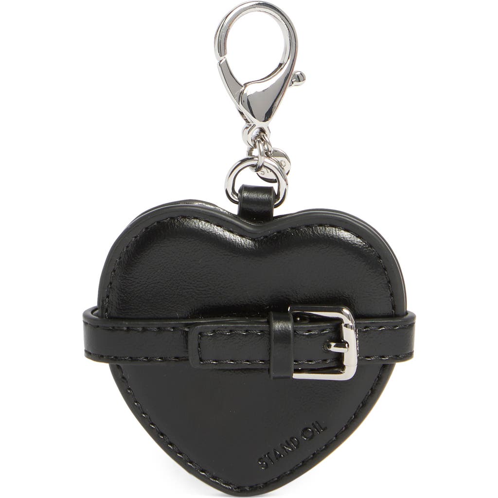 Stand Oil Belted Heart Mirror Faux Leather Key Ring Bag Charm In Black