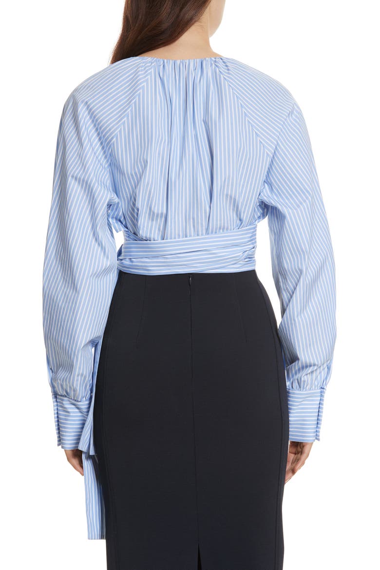 Diane von Furstenberg Keyhole Crop Cotton Blouse, Alternate, color, PALE BLUE/ WHITE WIDE STRIPE