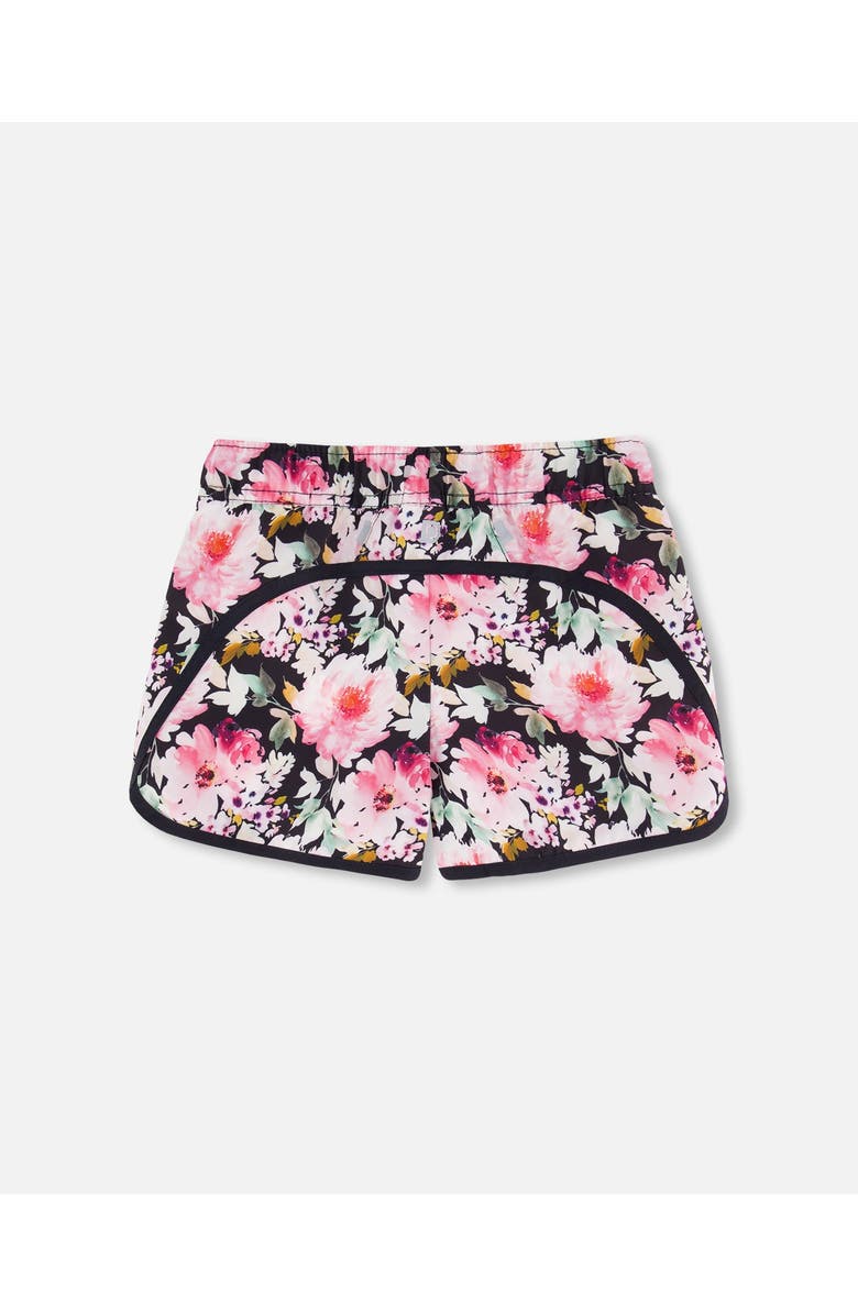 Deux par Deux Little Girl's Athletic Shorts Black Printed Big Flowers, Alternate, color,