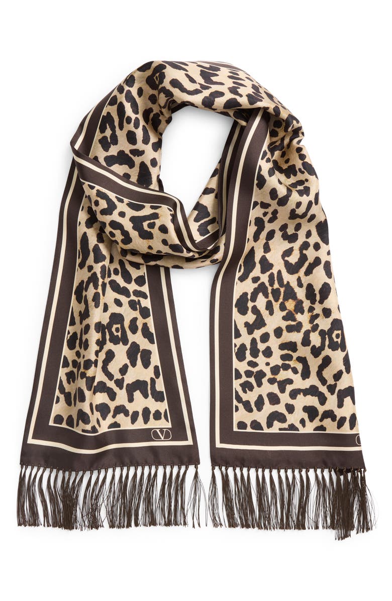 Valentino Garavani Leopard Print Twill Fringe Scarf, Alternate, color, Multicolor Animalier