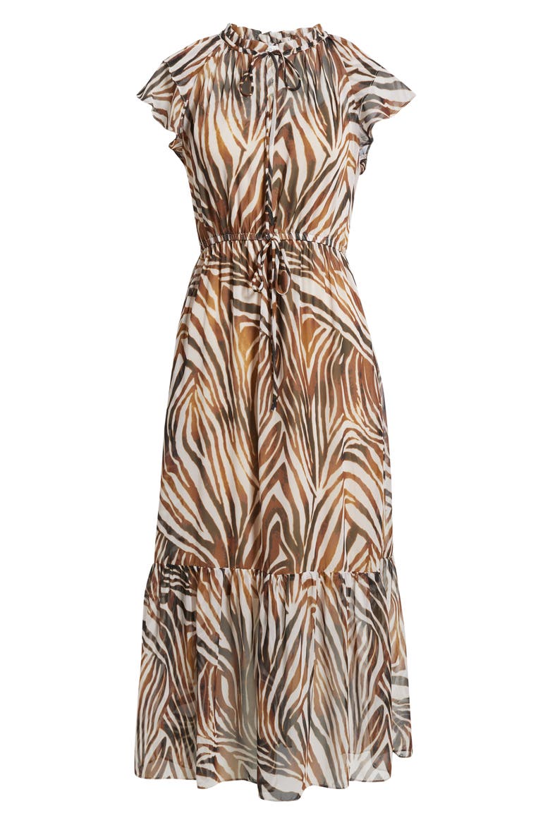 Flutter Sleeve Midi Dress, Alternate, color, BROWN MULTI