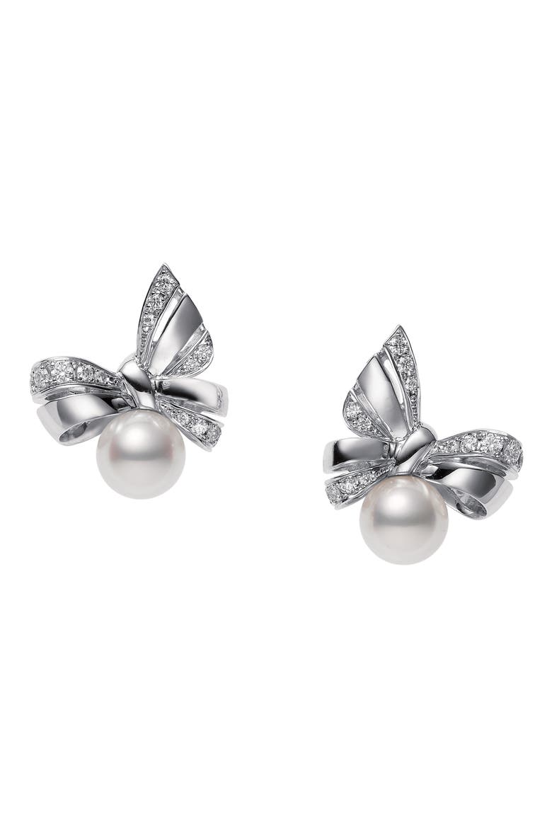 Ribbon Diamond & Pearl Stud Earrings, Main, color, WHITE GOLD/ PEARL