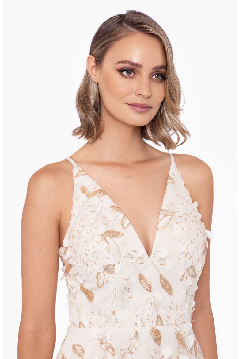 Xscape 3D Floral V-Neck Gown, Alternate, color, CHAMPAGNE