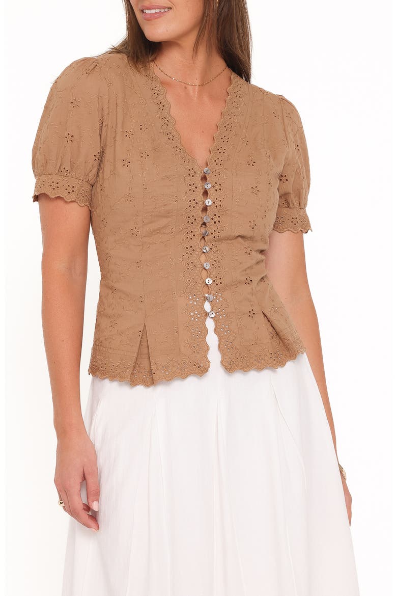 Lorraine Eyelet Puff Shoulder Top, Main, color, BROWN
