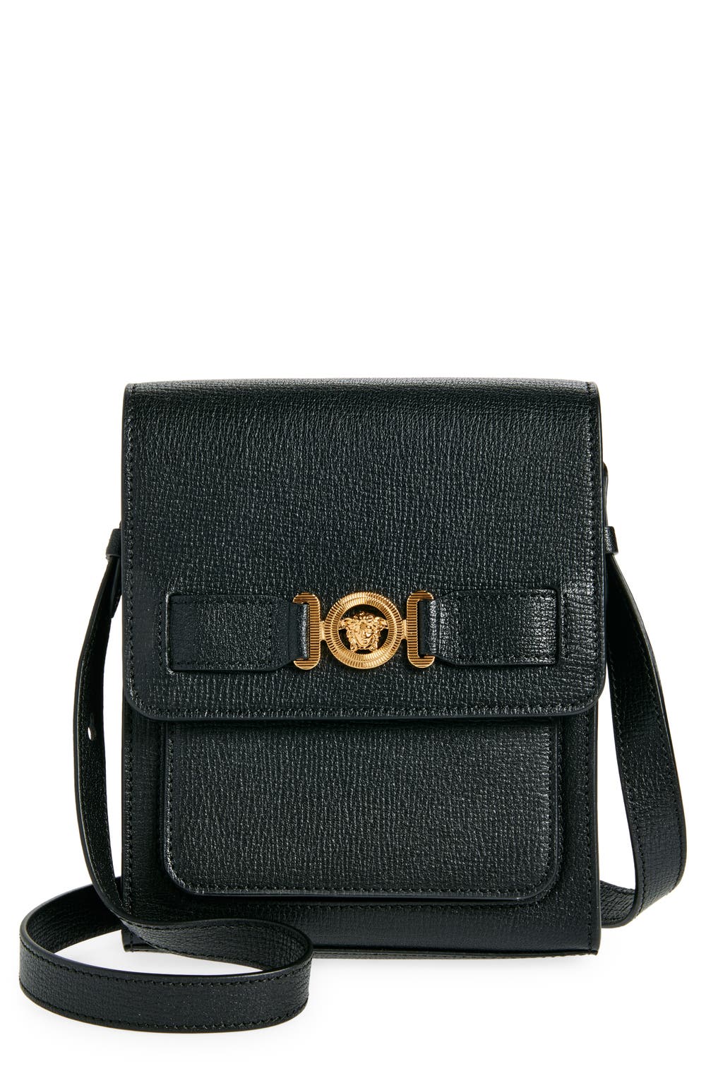 Medusa '95 Leather North/South Messenger Bag, color, BLACK VERSACE GOLD