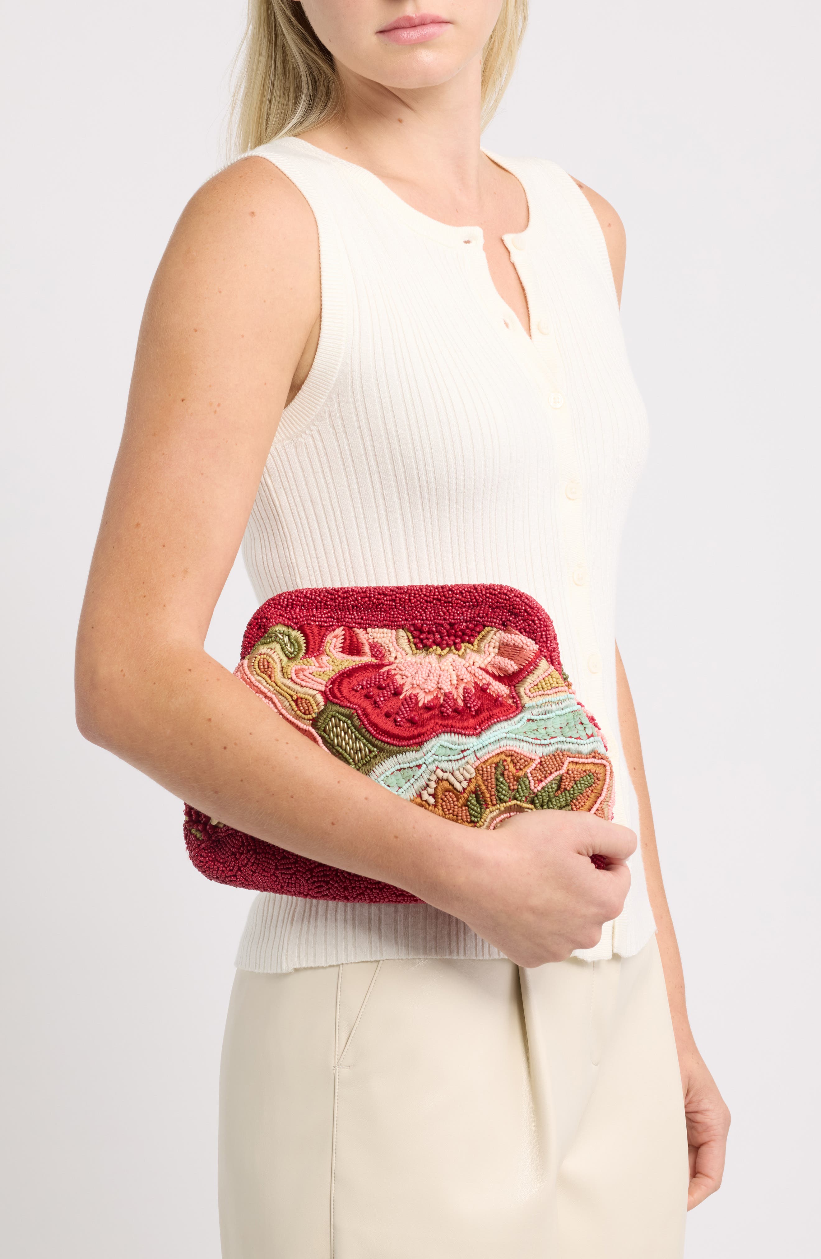 Tropic Beaded Clutch, Alternate, color, RED