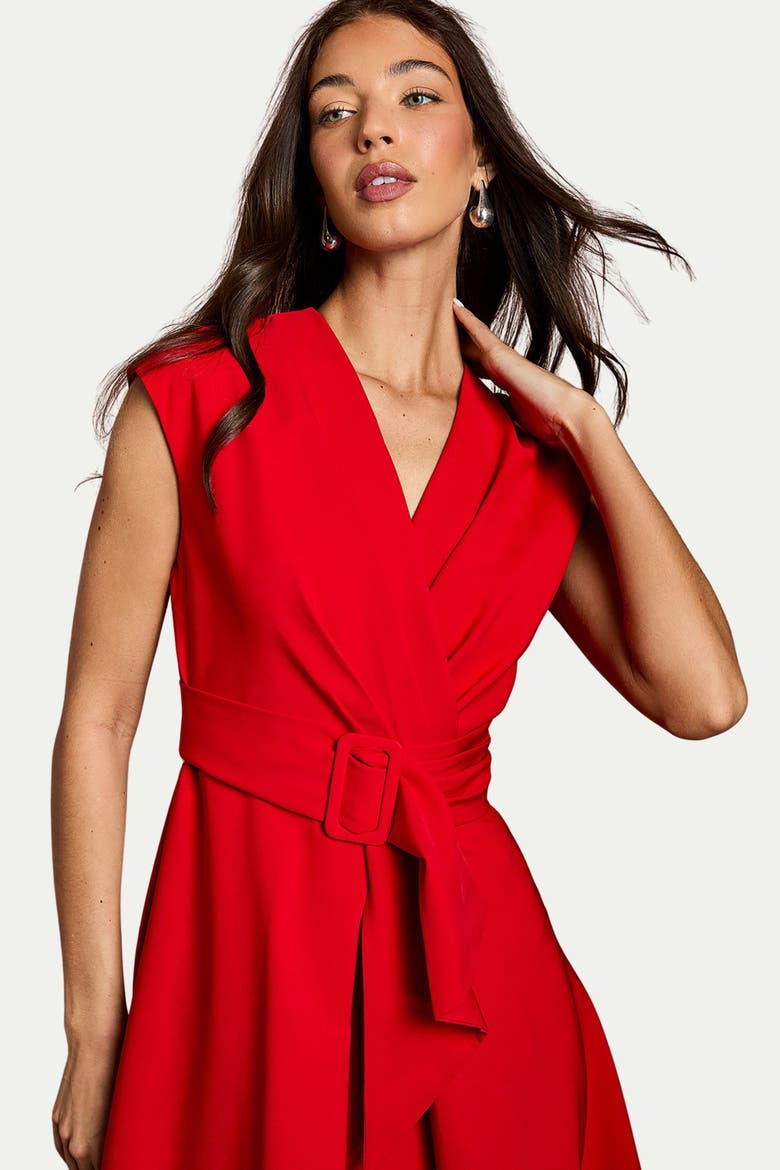 Belted Crepe Dress, Alternate, color, Flame Red