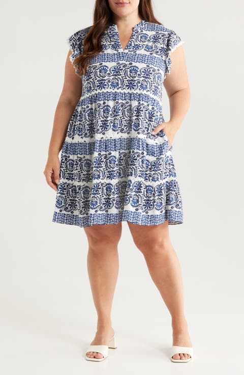 Ruffle Trim Linen Blend Shift Dress (Plus)