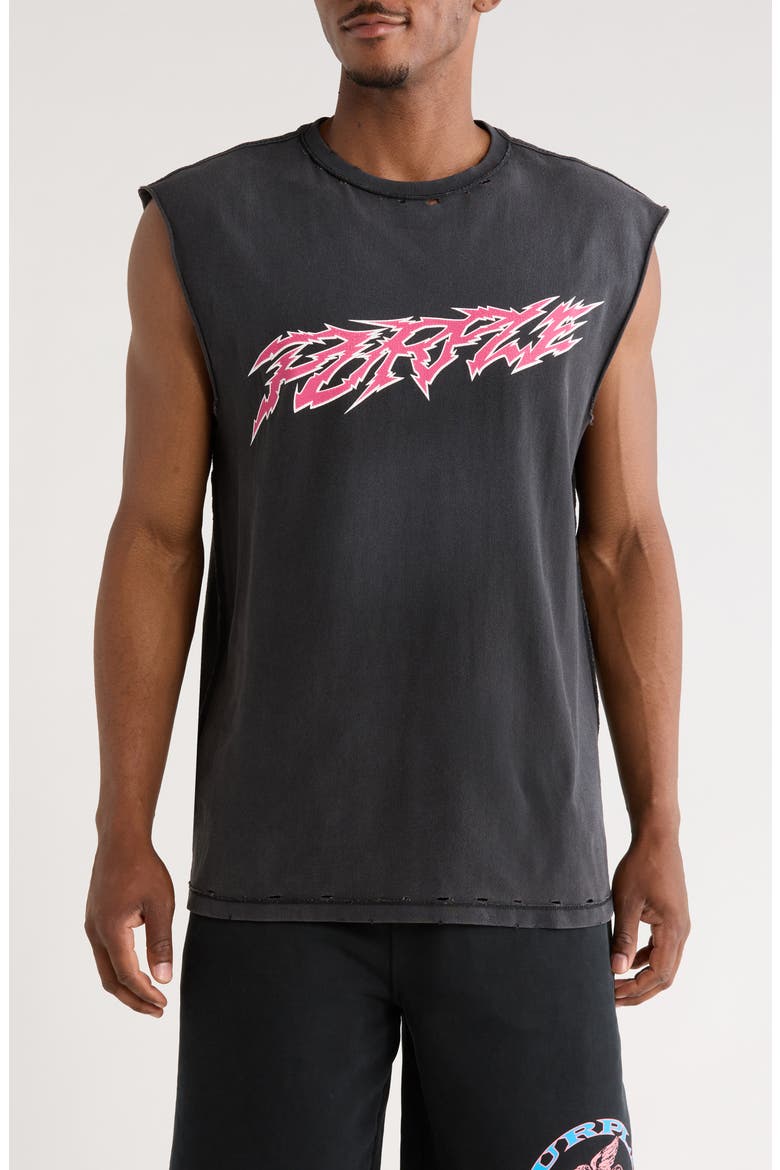 Distressed Sleeveless Graphic T-Shirt, Main, color, BLACK