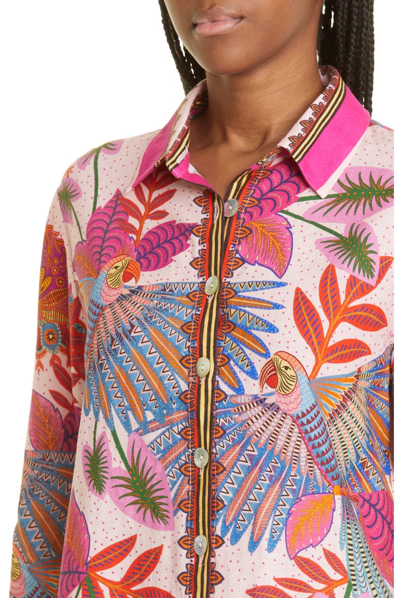 Macaw Scarf Linen Blend Button-Up Shirt, Alternate, color, MACAW SCARF PINK
