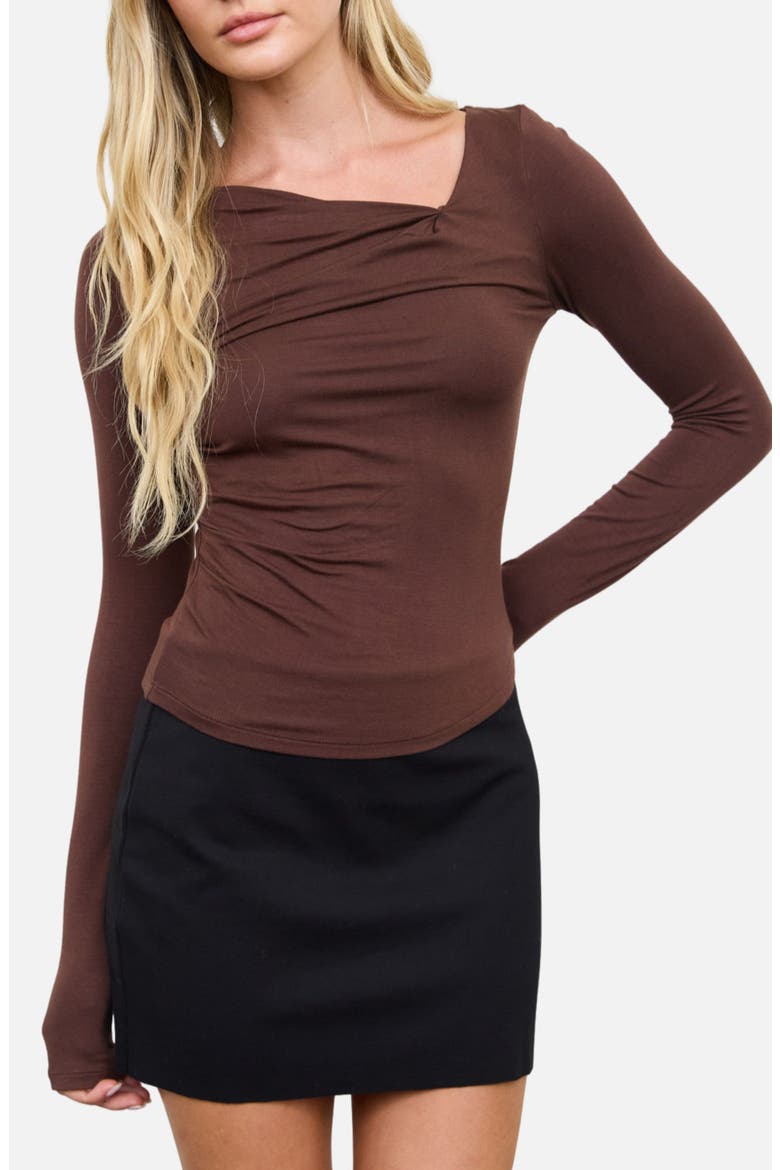 Asymmetrical Neck Ruched Long Sleeve Knit Top, Main, color, CHOCOLATE