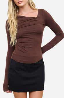 Asymmetrical Neck Ruched Long Sleeve Knit Top
