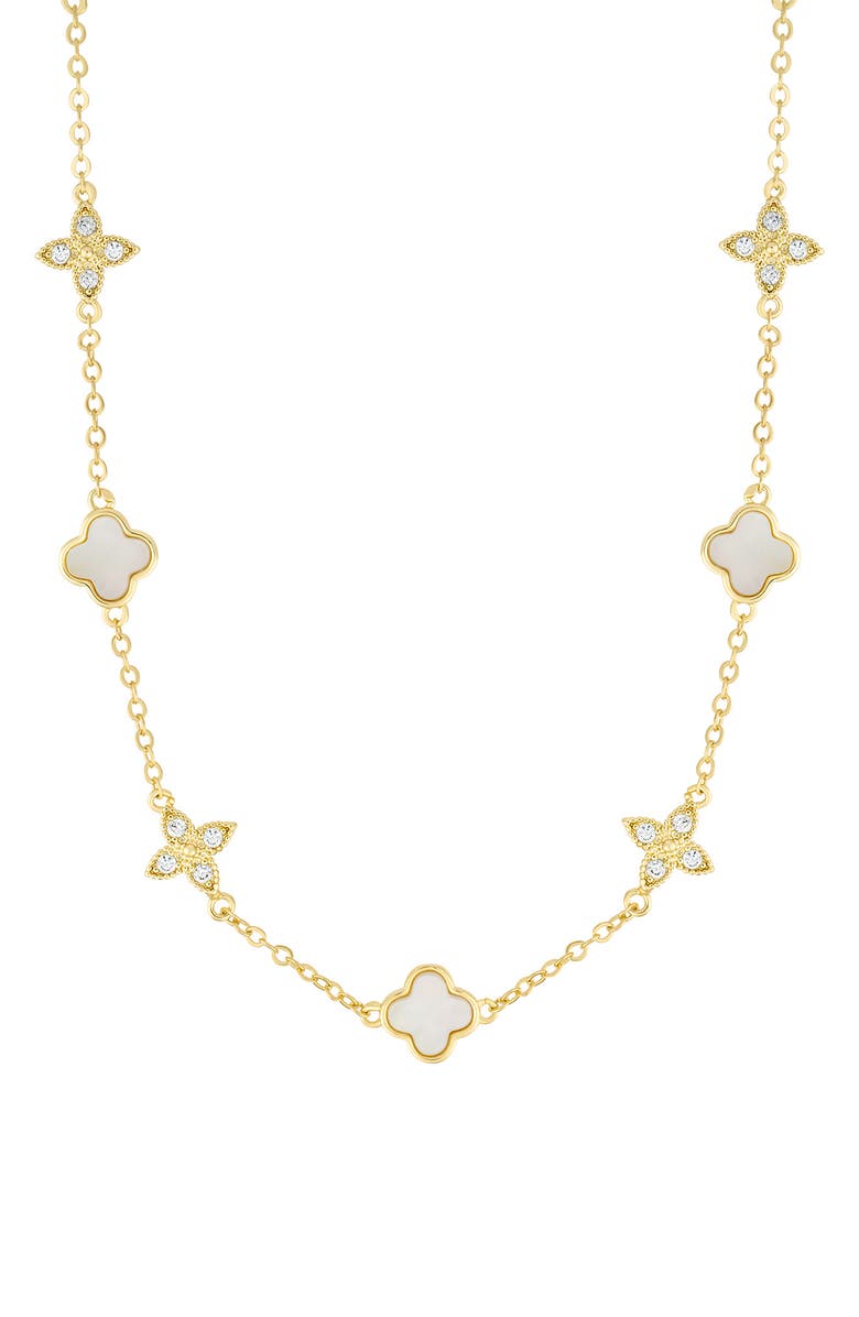 Adornia Mixed Mother-of-Pearl & Cubic Zirconia Clover Station Necklace, Main, color, White