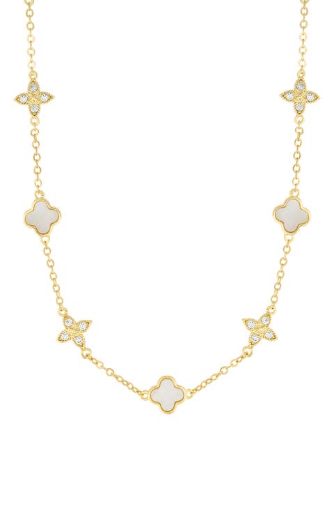 Mixed Mother-of-Pearl & Cubic Zirconia Clover Station Necklace