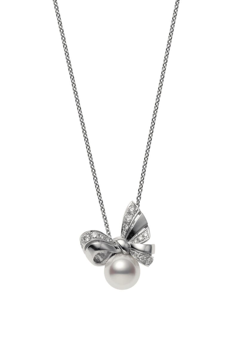 Mikimoto Ribbon Diamond & Pearl Pendant Necklace, Main, color,