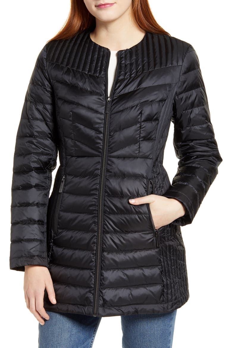 Collarless Packable Down Puffer Coat, Alternate, color, BLACK