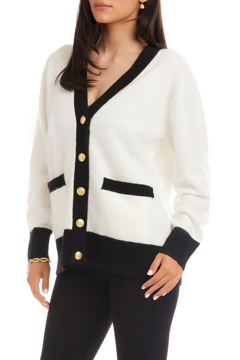 Colorblock Trim Cardigan, Alternate, color, IVORY/ BLACK